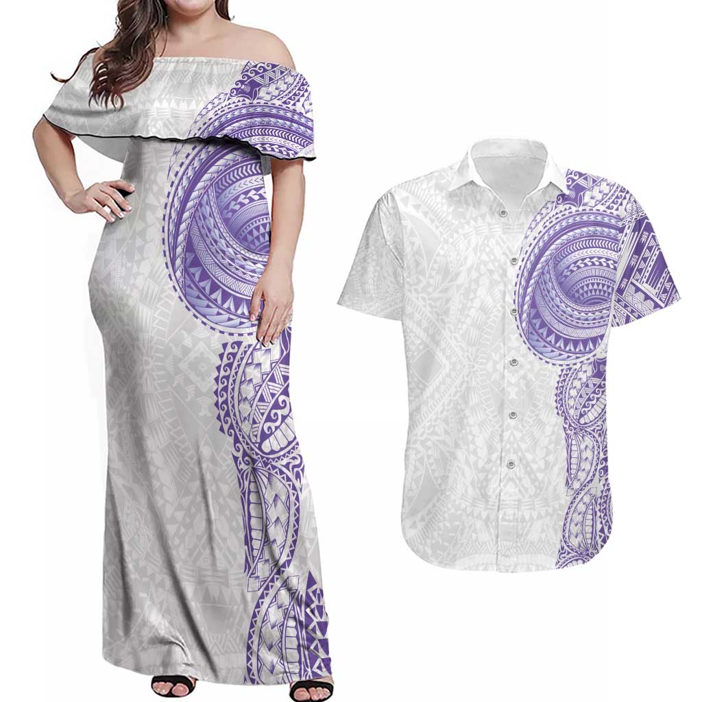 Traditional Polynesian Art Tattoos Couples Matching Off Shoulder Maxi Dress and Hawaiian Shirt Purple Color - Polynesian Pride