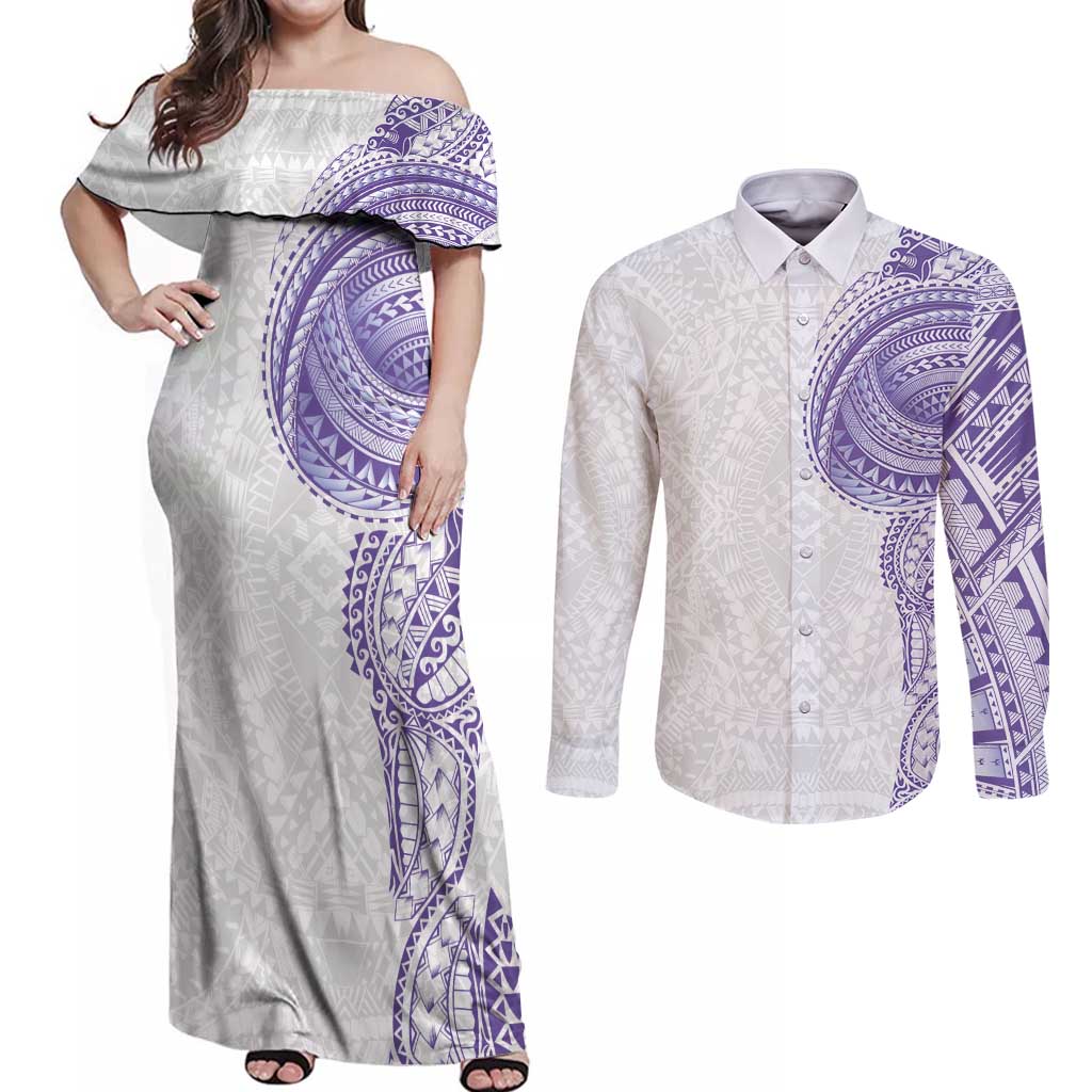 Traditional Polynesian Art Tattoos Couples Matching Off Shoulder Maxi Dress and Long Sleeve Button Shirt Purple Color - Polynesian Pride