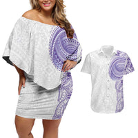 Traditional Polynesian Art Tattoos Couples Matching Off Shoulder Short Dress and Hawaiian Shirt Purple Color - Polynesian Pride
