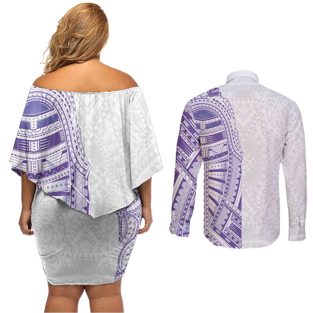 Traditional Polynesian Art Tattoos Couples Matching Off Shoulder Short Dress and Long Sleeve Button Shirt Purple Color - Polynesian Pride