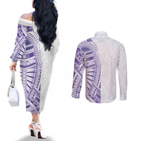 Traditional Polynesian Art Tattoos Couples Matching Off The Shoulder Long Sleeve Dress and Long Sleeve Button Shirt Purple Color - Polynesian Pride