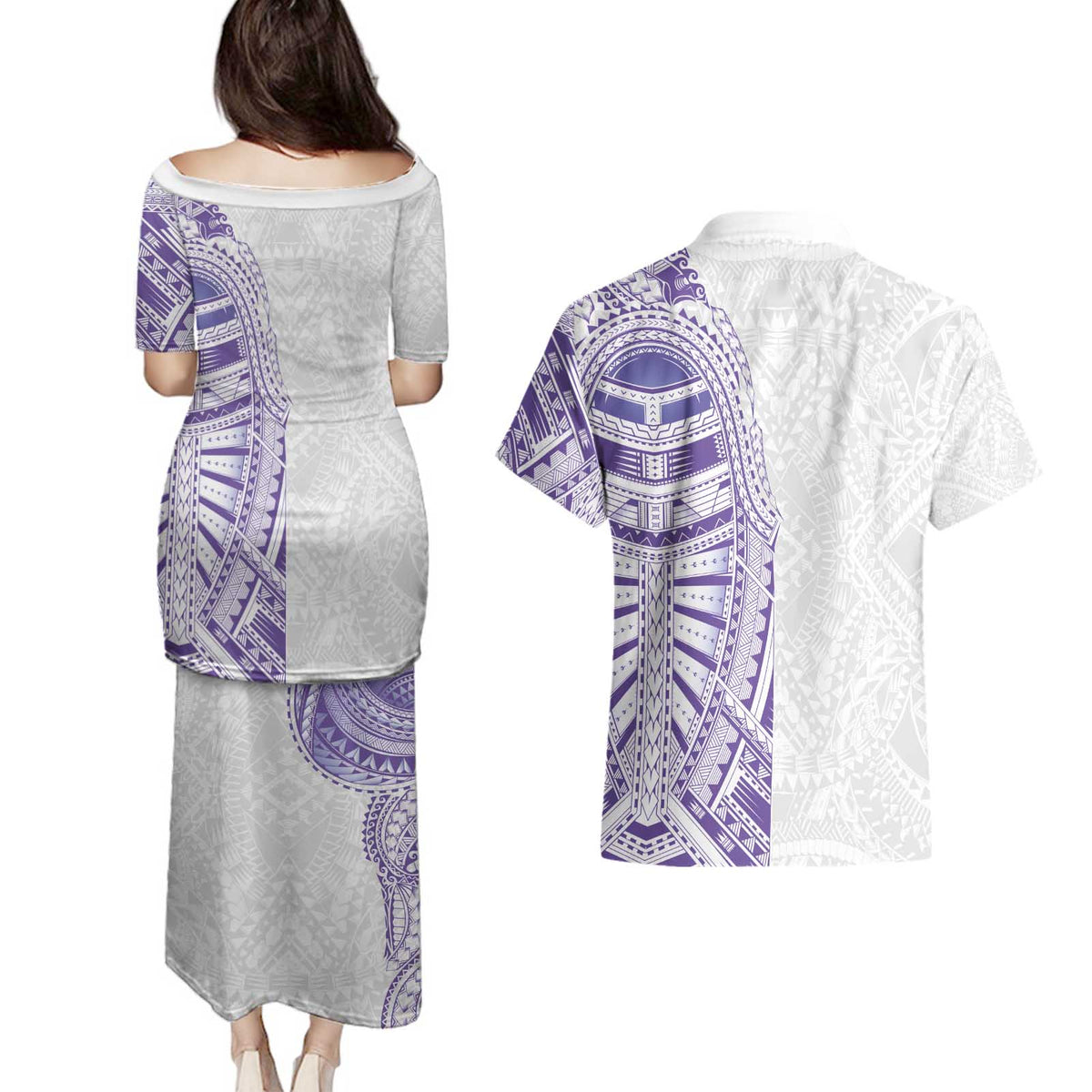 Traditional Polynesian Art Tattoos Couples Matching Puletasi and Hawaiian Shirt Purple Color - Polynesian Pride