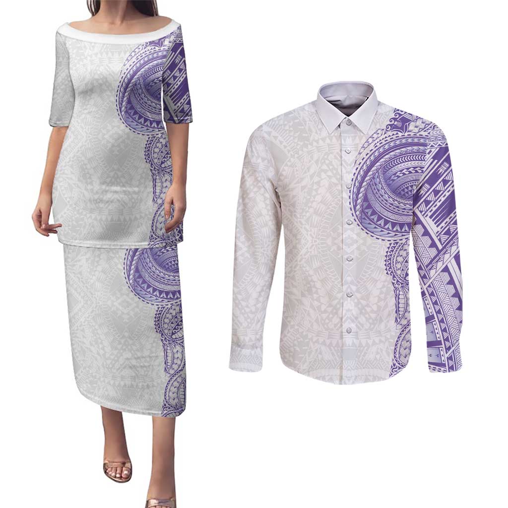 Traditional Polynesian Art Tattoos Couples Matching Puletasi and Long Sleeve Button Shirt Purple Color - Polynesian Pride