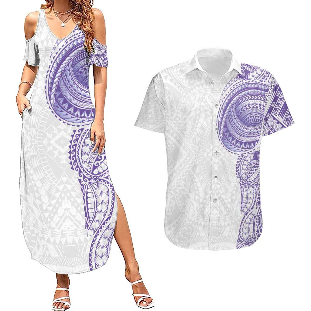 Traditional Polynesian Art Tattoos Couples Matching Summer Maxi Dress and Hawaiian Shirt Purple Color - Polynesian Pride