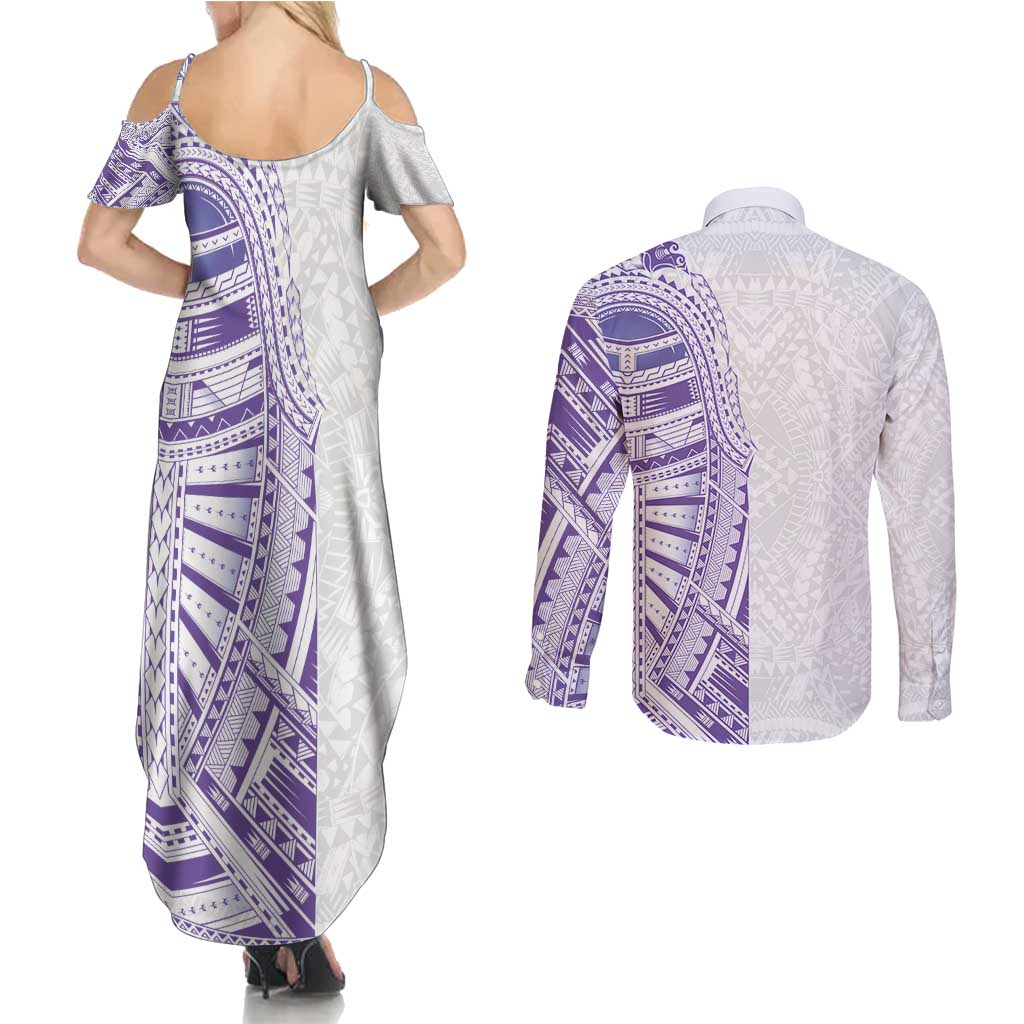 Traditional Polynesian Art Tattoos Couples Matching Summer Maxi Dress and Long Sleeve Button Shirt Purple Color - Polynesian Pride