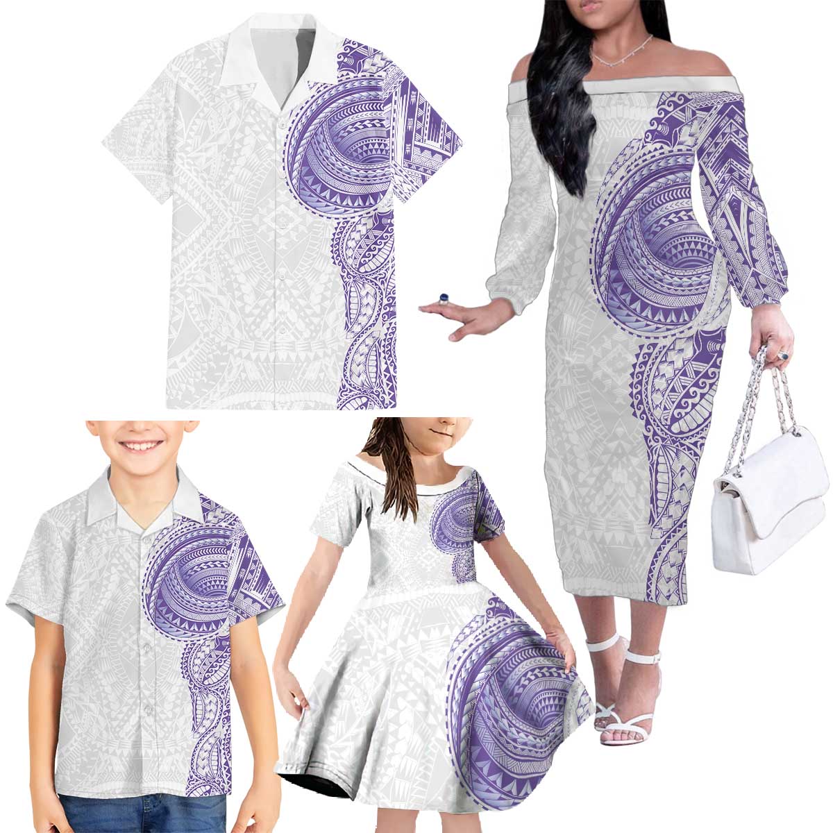 Traditional Polynesian Art Tattoos Family Matching Off The Shoulder Long Sleeve Dress and Hawaiian Shirt Purple Color - Polynesian Pride