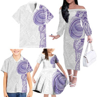Traditional Polynesian Art Tattoos Family Matching Off The Shoulder Long Sleeve Dress and Hawaiian Shirt Purple Color - Polynesian Pride