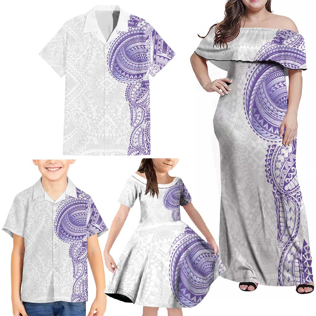 Traditional Polynesian Art Tattoos Family Matching Off Shoulder Maxi Dress and Hawaiian Shirt Purple Color - Polynesian Pride