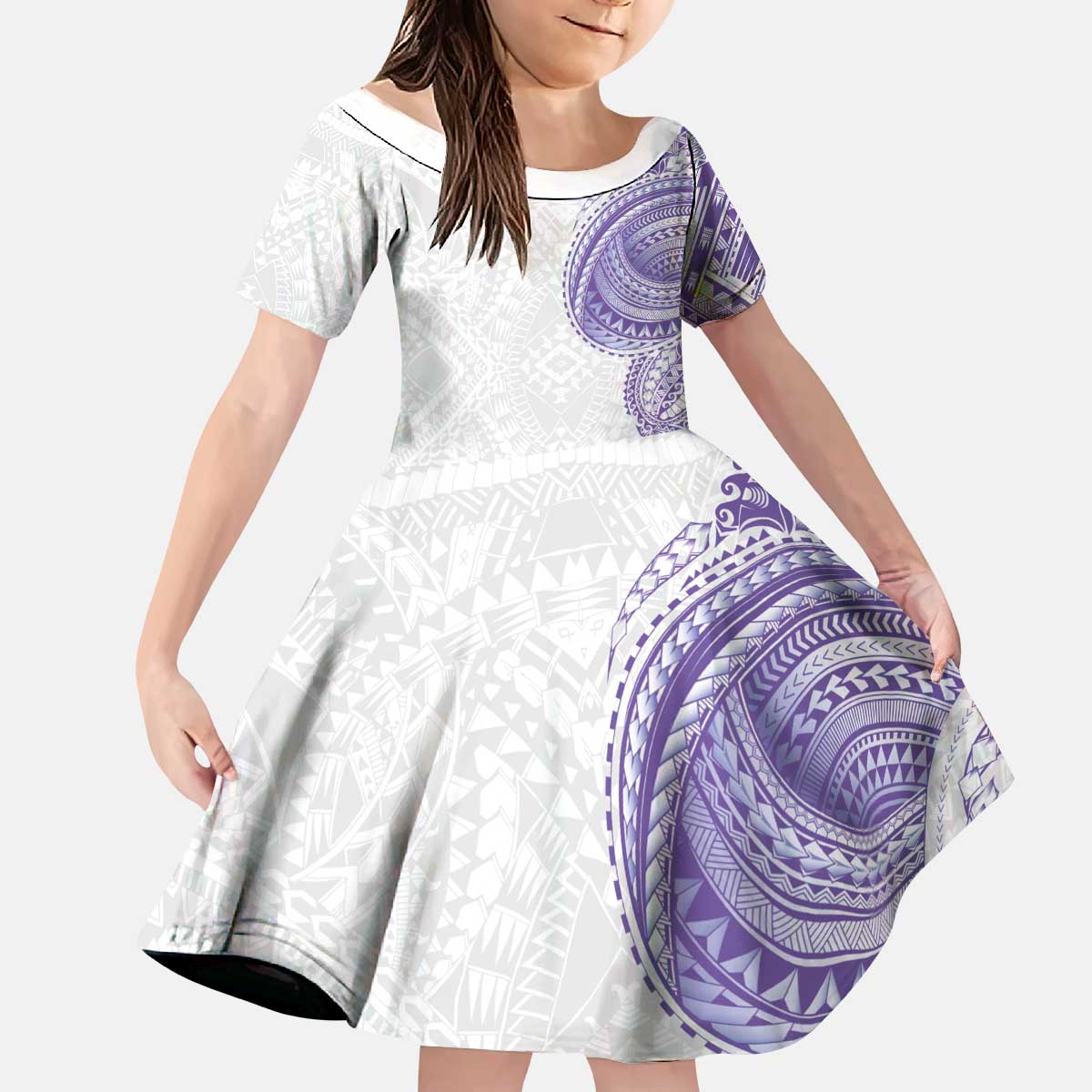 Traditional Polynesian Art Tattoos Kid Short Sleeve Dress Purple Color - Polynesian Pride