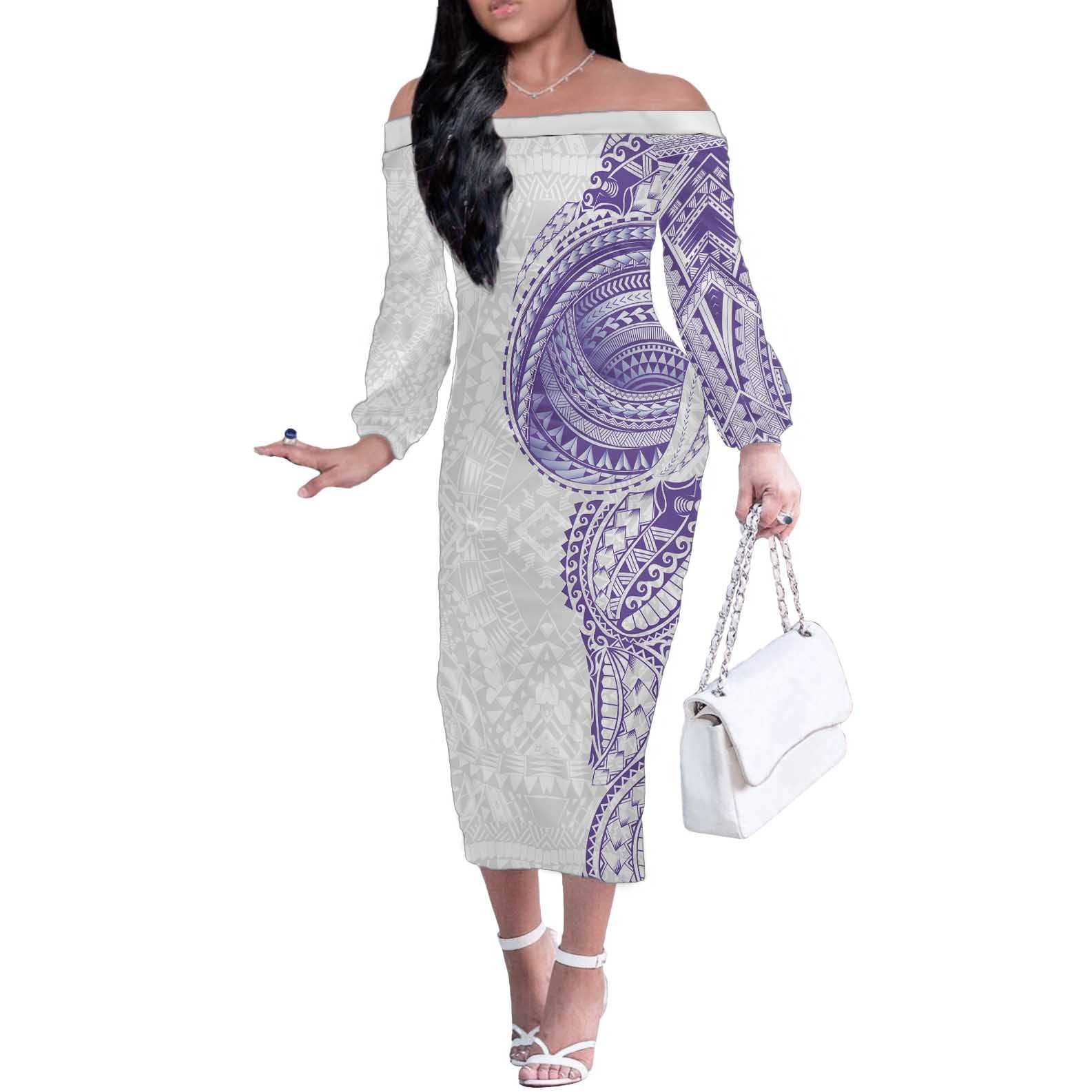 Traditional Polynesian Art Tattoos Off The Shoulder Long Sleeve Dress Purple Color - Polynesian Pride