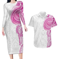 Traditional Polynesian Art Tattoos Couples Matching Long Sleeve Bodycon Dress and Hawaiian Shirt Pink Color - Polynesian Pride