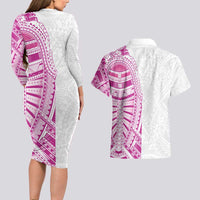 Traditional Polynesian Art Tattoos Couples Matching Long Sleeve Bodycon Dress and Hawaiian Shirt Pink Color - Polynesian Pride