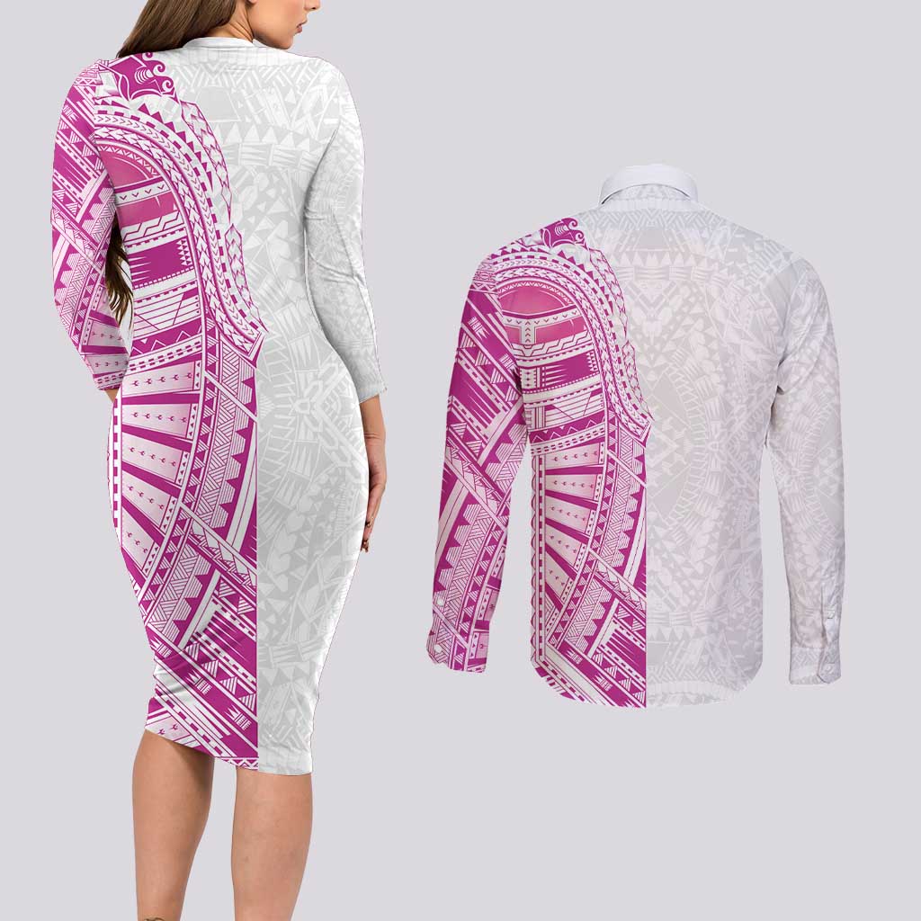 Traditional Polynesian Art Tattoos Couples Matching Long Sleeve Bodycon Dress and Long Sleeve Button Shirt Pink Color - Polynesian Pride
