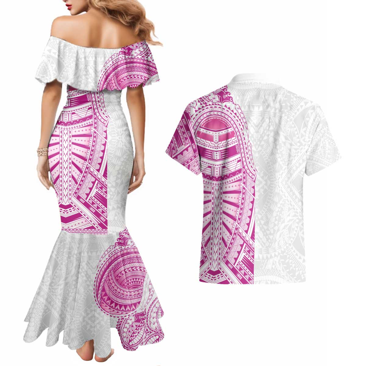 Traditional Polynesian Art Tattoos Couples Matching Mermaid Dress and Hawaiian Shirt Pink Color - Polynesian Pride