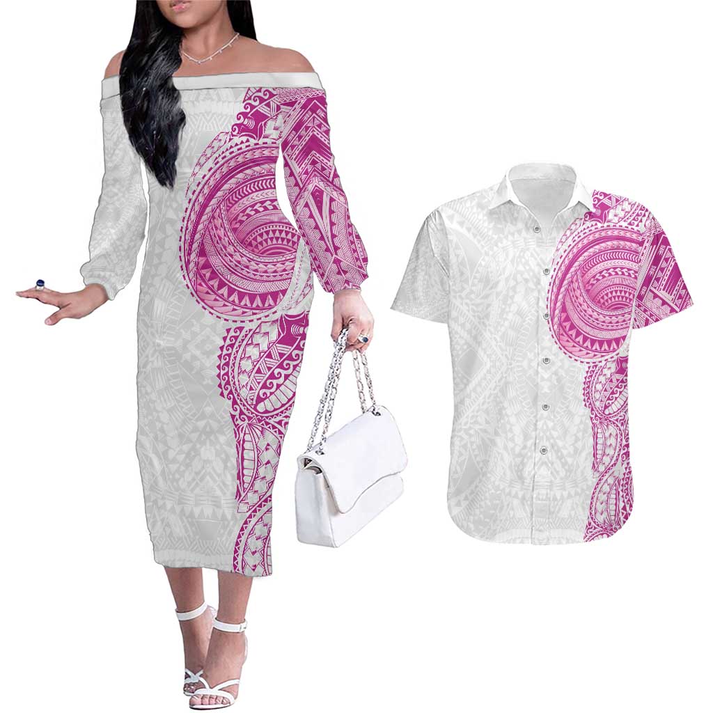 Traditional Polynesian Art Tattoos Couples Matching Off The Shoulder Long Sleeve Dress and Hawaiian Shirt Pink Color - Polynesian Pride
