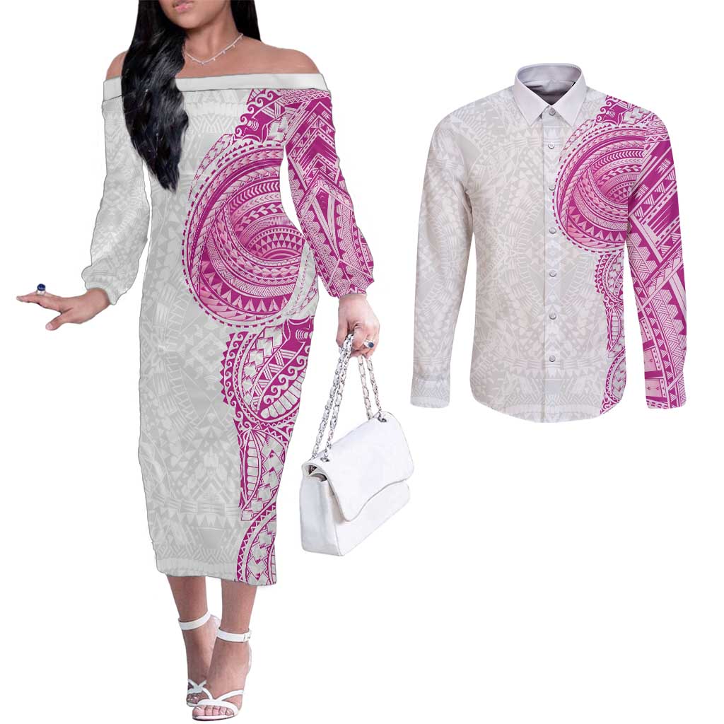 Traditional Polynesian Art Tattoos Couples Matching Off The Shoulder Long Sleeve Dress and Long Sleeve Button Shirt Pink Color - Polynesian Pride