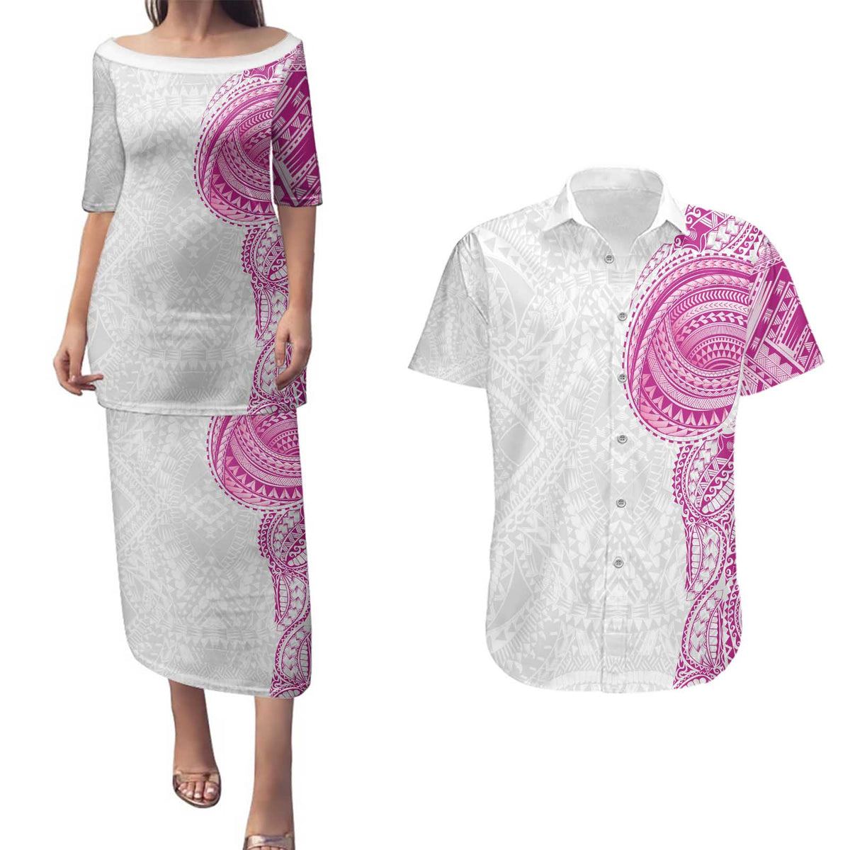 Traditional Polynesian Art Tattoos Couples Matching Puletasi and Hawaiian Shirt Pink Color - Polynesian Pride