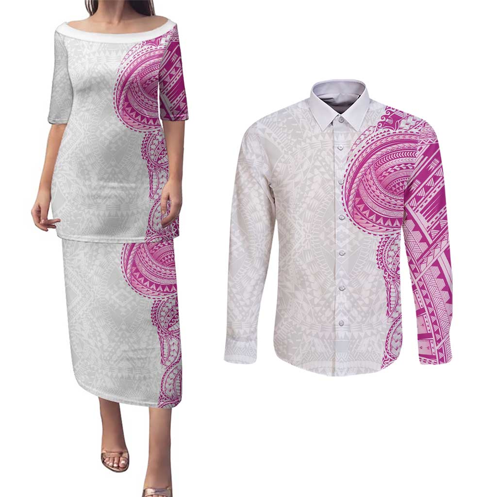 Traditional Polynesian Art Tattoos Couples Matching Puletasi and Long Sleeve Button Shirt Pink Color - Polynesian Pride