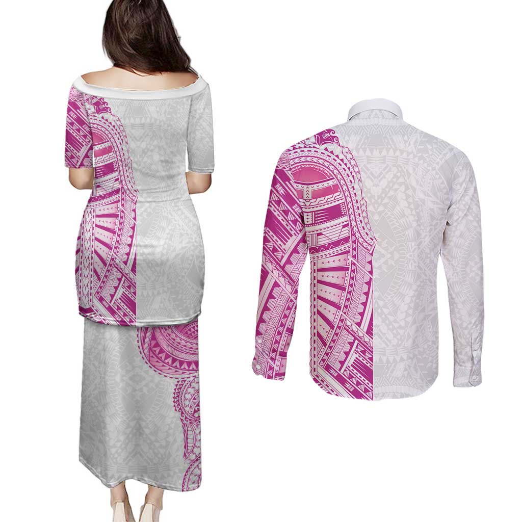 Traditional Polynesian Art Tattoos Couples Matching Puletasi and Long Sleeve Button Shirt Pink Color - Polynesian Pride