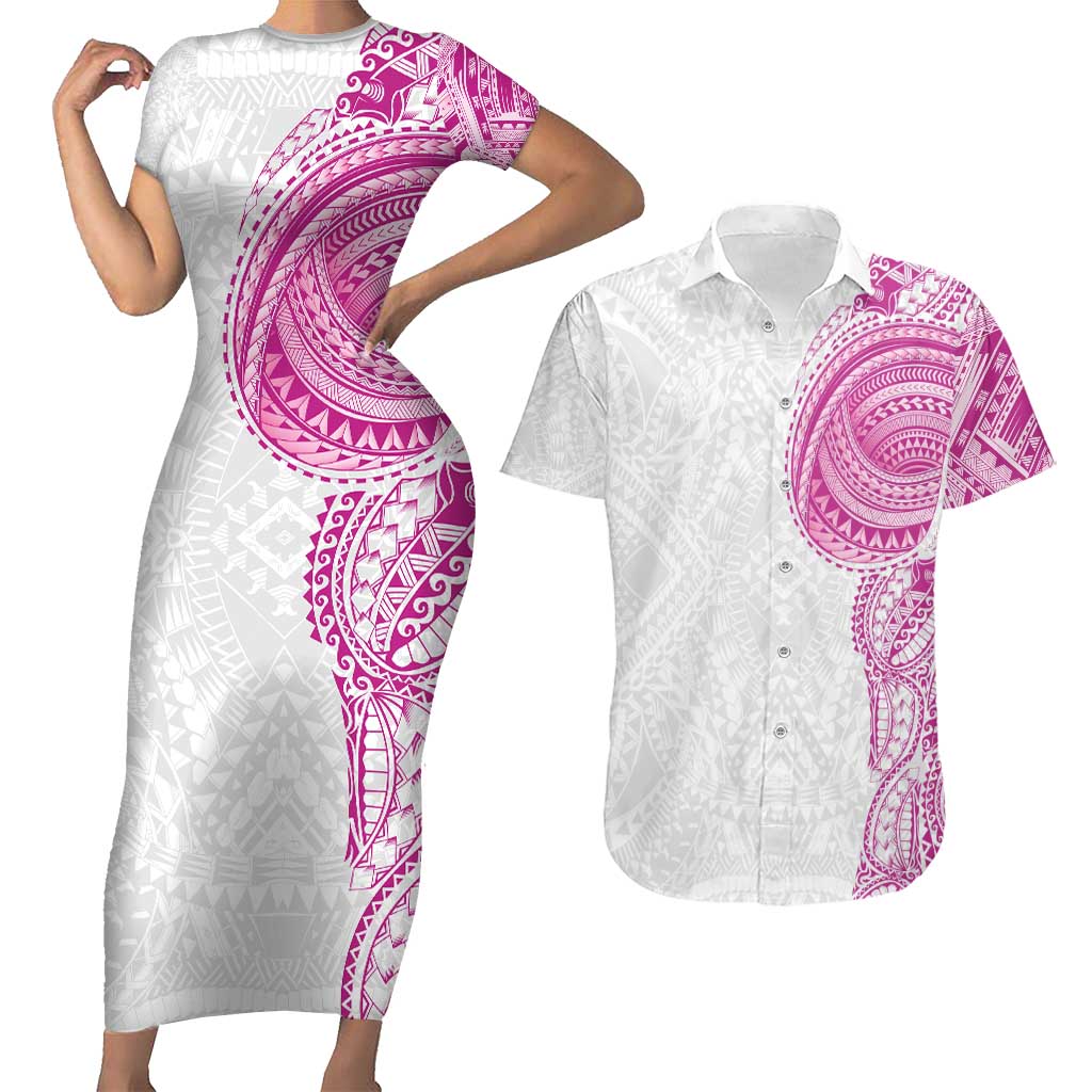 Traditional Polynesian Art Tattoos Couples Matching Short Sleeve Bodycon Dress and Hawaiian Shirt Pink Color - Polynesian Pride