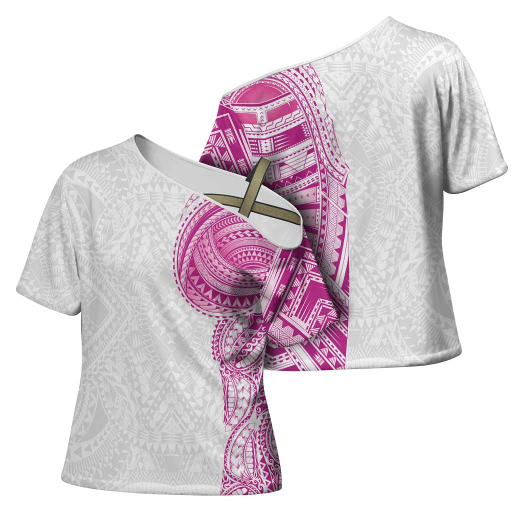 Traditional Polynesian Art Tattoos Cross Shoulder Shirt Pink Color - Polynesian Pride