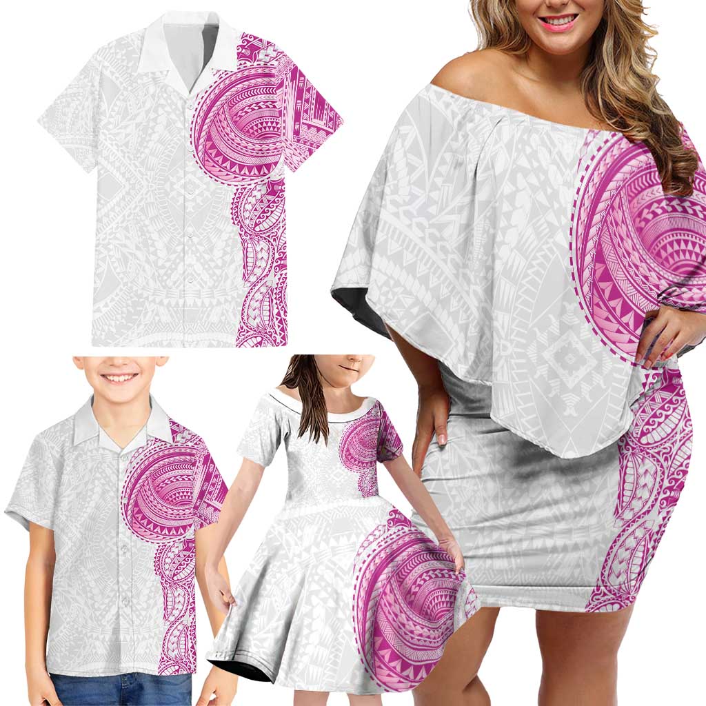 Traditional Polynesian Art Tattoos Family Matching Off Shoulder Short Dress and Hawaiian Shirt Pink Color - Polynesian Pride