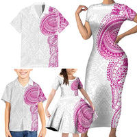 Traditional Polynesian Art Tattoos Family Matching Short Sleeve Bodycon Dress and Hawaiian Shirt Pink Color - Polynesian Pride