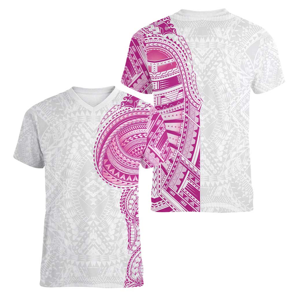 Traditional Polynesian Art Tattoos Women V-Neck T-Shirt Pink Color - Polynesian Pride