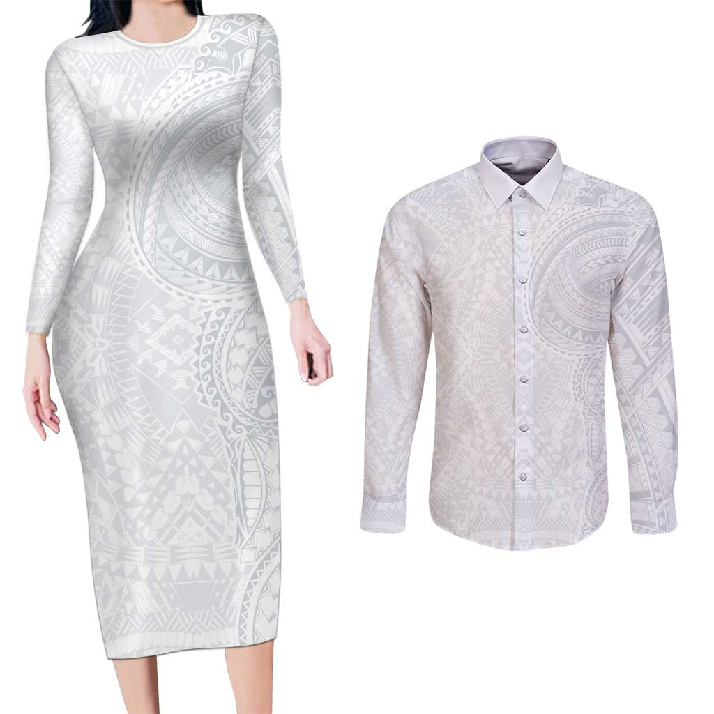 Lotu Tamaiti Couples Matching Long Sleeve Bodycon Dress and Long Sleeve Button Shirt Traditional Samoan Art Tattoos - Polynesian Pride