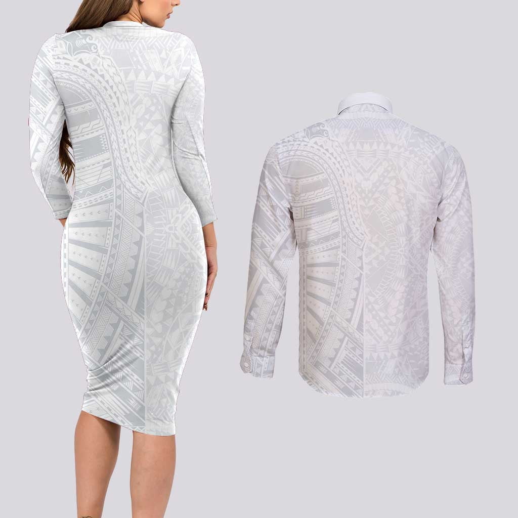 Lotu Tamaiti Couples Matching Long Sleeve Bodycon Dress and Long Sleeve Button Shirt Traditional Samoan Art Tattoos - Polynesian Pride