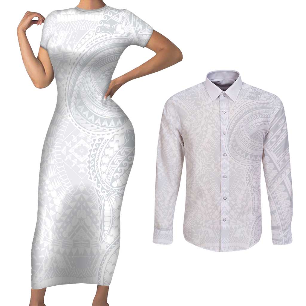 Lotu Tamaiti Couples Matching Short Sleeve Bodycon Dress and Long Sleeve Button Shirt Traditional Samoan Art Tattoos - Polynesian Pride