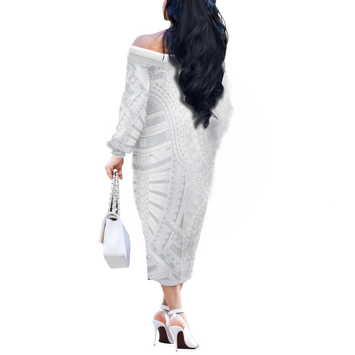 Lotu Tamaiti Off The Shoulder Long Sleeve Dress Traditional Samoan Art Tattoos LT03 - Polynesian Pride