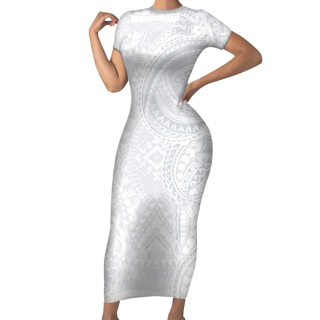 Lotu Tamaiti Short Sleeve Bodycon Dress Traditional Samoan Art Tattoos LT03 Long Dress White - Polynesian Pride
