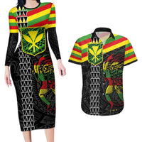 Kanaka Maoli Running Couples Matching Long Sleeve Bodycon Dress and Hawaiian Shirt Kakau Pattern with Kanaka Maoli Flag Color LT03 Black - Polynesian Pride