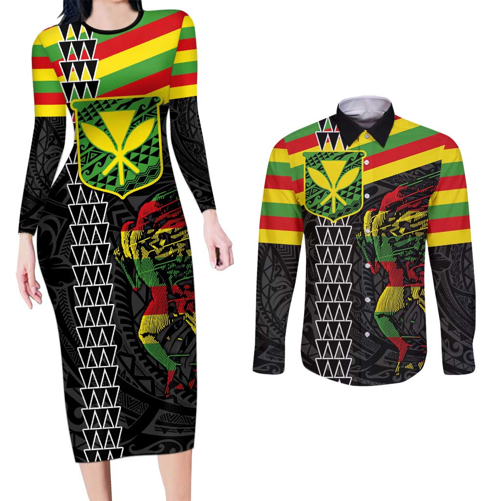 Kanaka Maoli Running Couples Matching Long Sleeve Bodycon Dress and Long Sleeve Button Shirt Kakau Pattern with Kanaka Maoli Flag Color