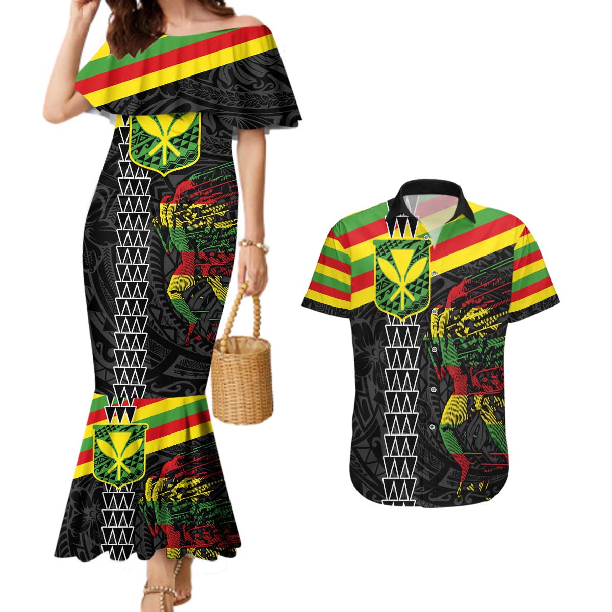 Kanaka Maoli Running Couples Matching Mermaid Dress and Hawaiian Shirt Kakau Pattern with Kanaka Maoli Flag Color