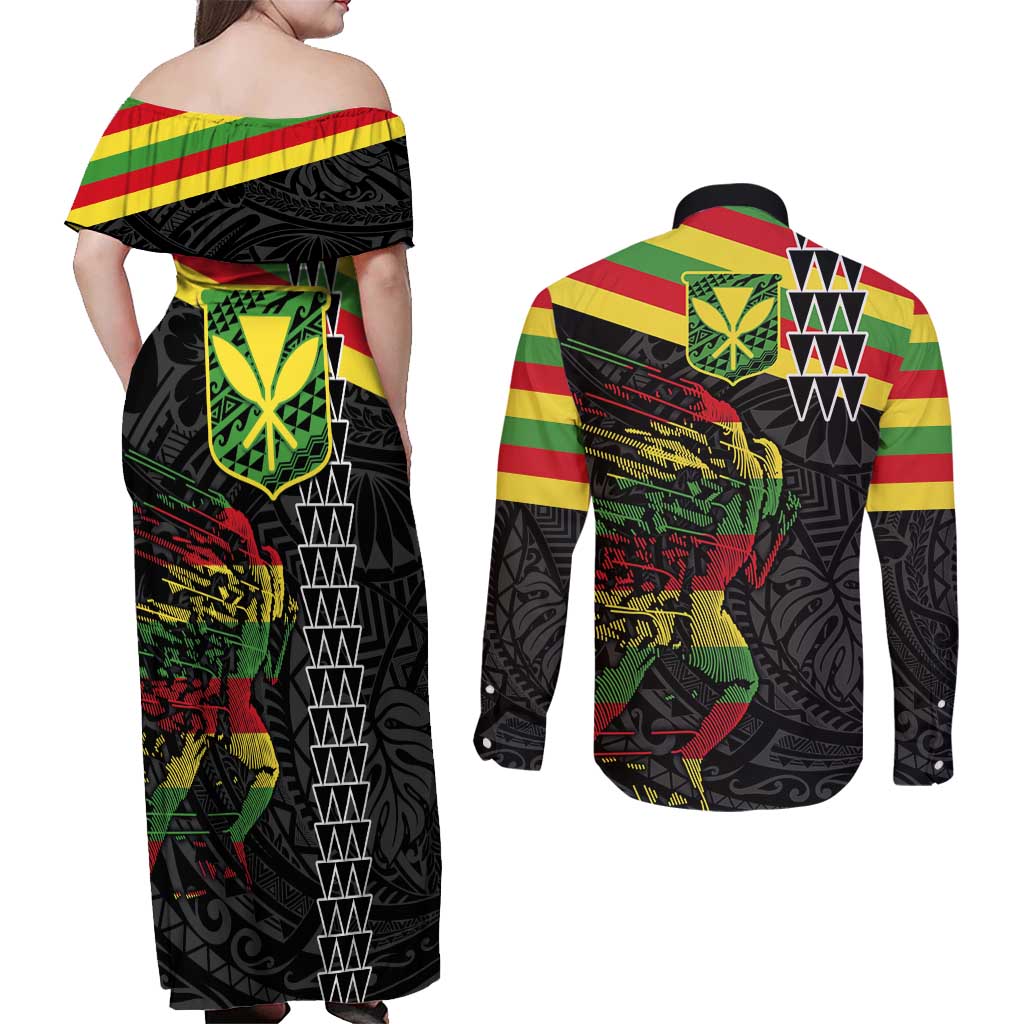 Kanaka Maoli Running Couples Matching Off Shoulder Maxi Dress and Long Sleeve Button Shirt Kakau Pattern with Kanaka Maoli Flag Color