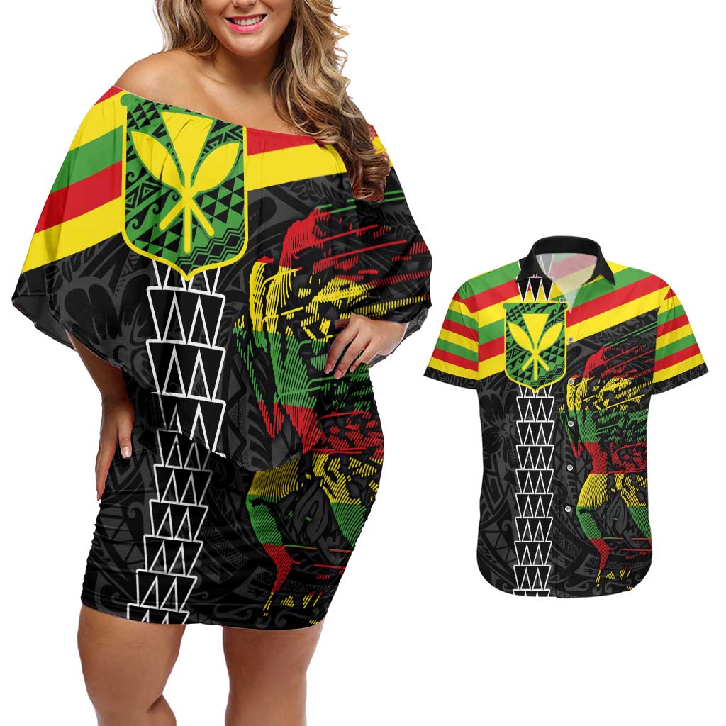 Kanaka Maoli Running Couples Matching Off Shoulder Short Dress and Hawaiian Shirt Kakau Pattern with Kanaka Maoli Flag Color