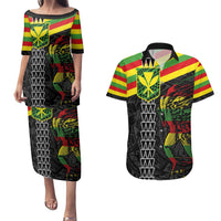 Kanaka Maoli Running Couples Matching Puletasi and Hawaiian Shirt Kakau Pattern with Kanaka Maoli Flag Color