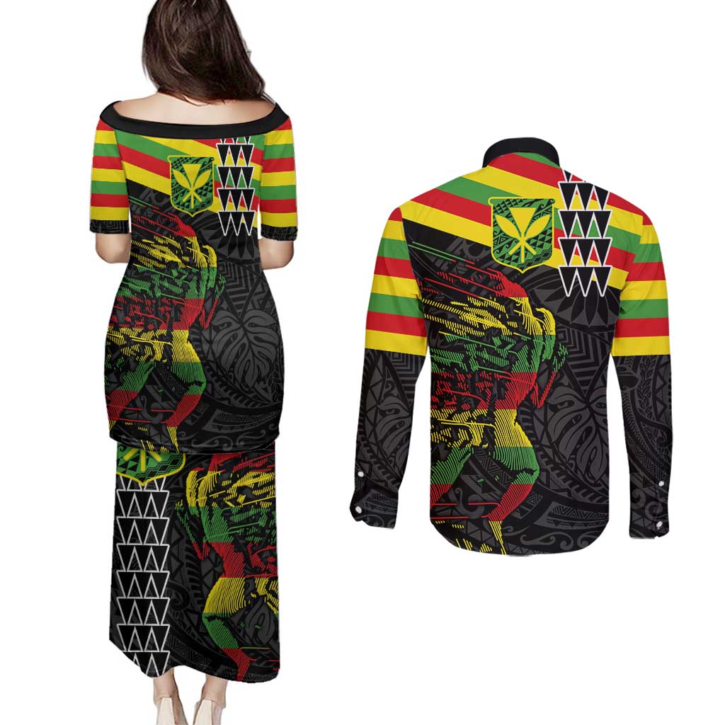 Kanaka Maoli Running Couples Matching Puletasi and Long Sleeve Button Shirt Kakau Pattern with Kanaka Maoli Flag Color