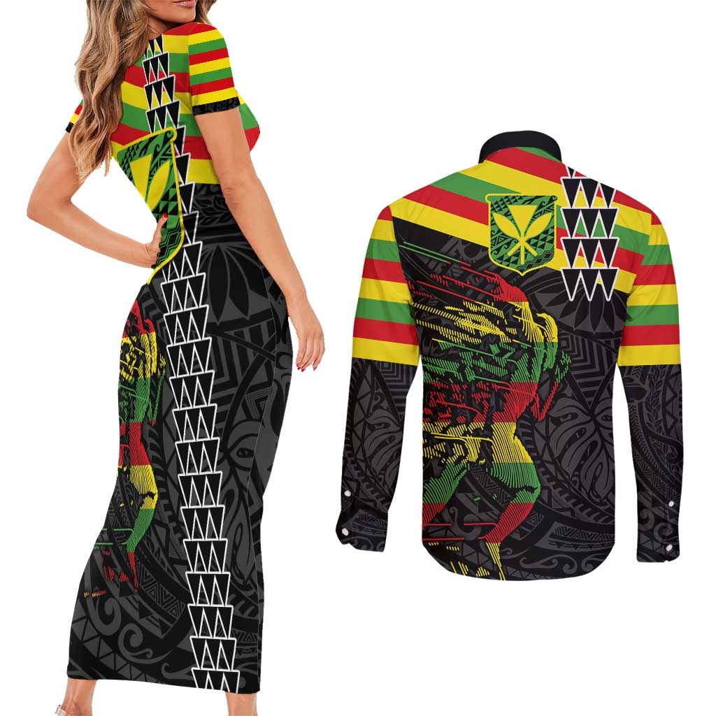 Kanaka Maoli Running Couples Matching Short Sleeve Bodycon Dress and Long Sleeve Button Shirt Kakau Pattern with Kanaka Maoli Flag Color
