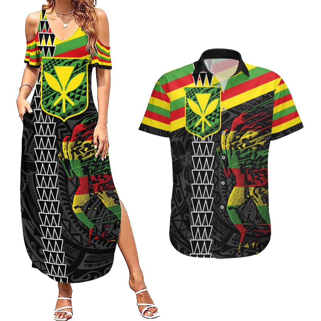 Kanaka Maoli Running Couples Matching Summer Maxi Dress and Hawaiian Shirt Kakau Pattern with Kanaka Maoli Flag Color
