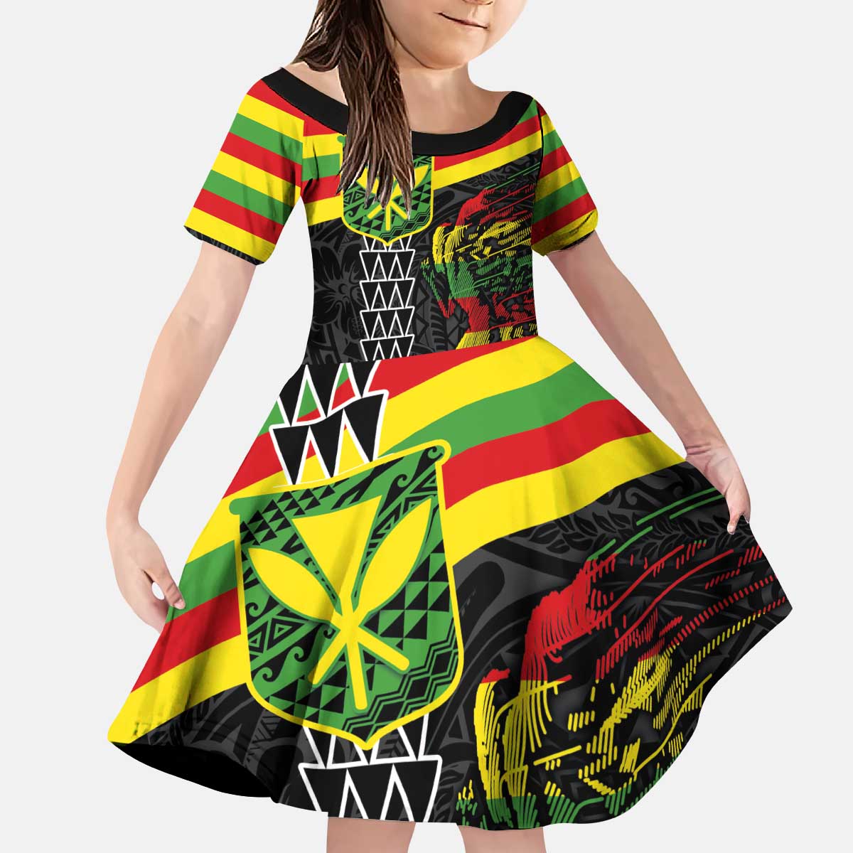 Kanaka Maoli Running Kid Short Sleeve Dress Kakau Pattern with Kanaka Maoli Flag Color LT03 KID Black - Polynesian Pride