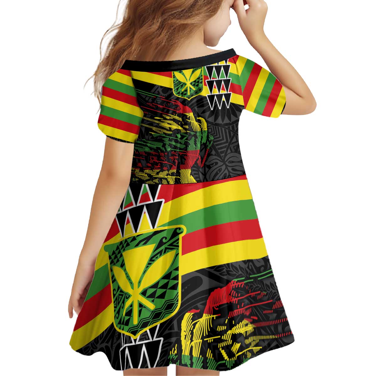 Kanaka Maoli Running Kid Short Sleeve Dress Kakau Pattern with Kanaka Maoli Flag Color LT03 - Polynesian Pride