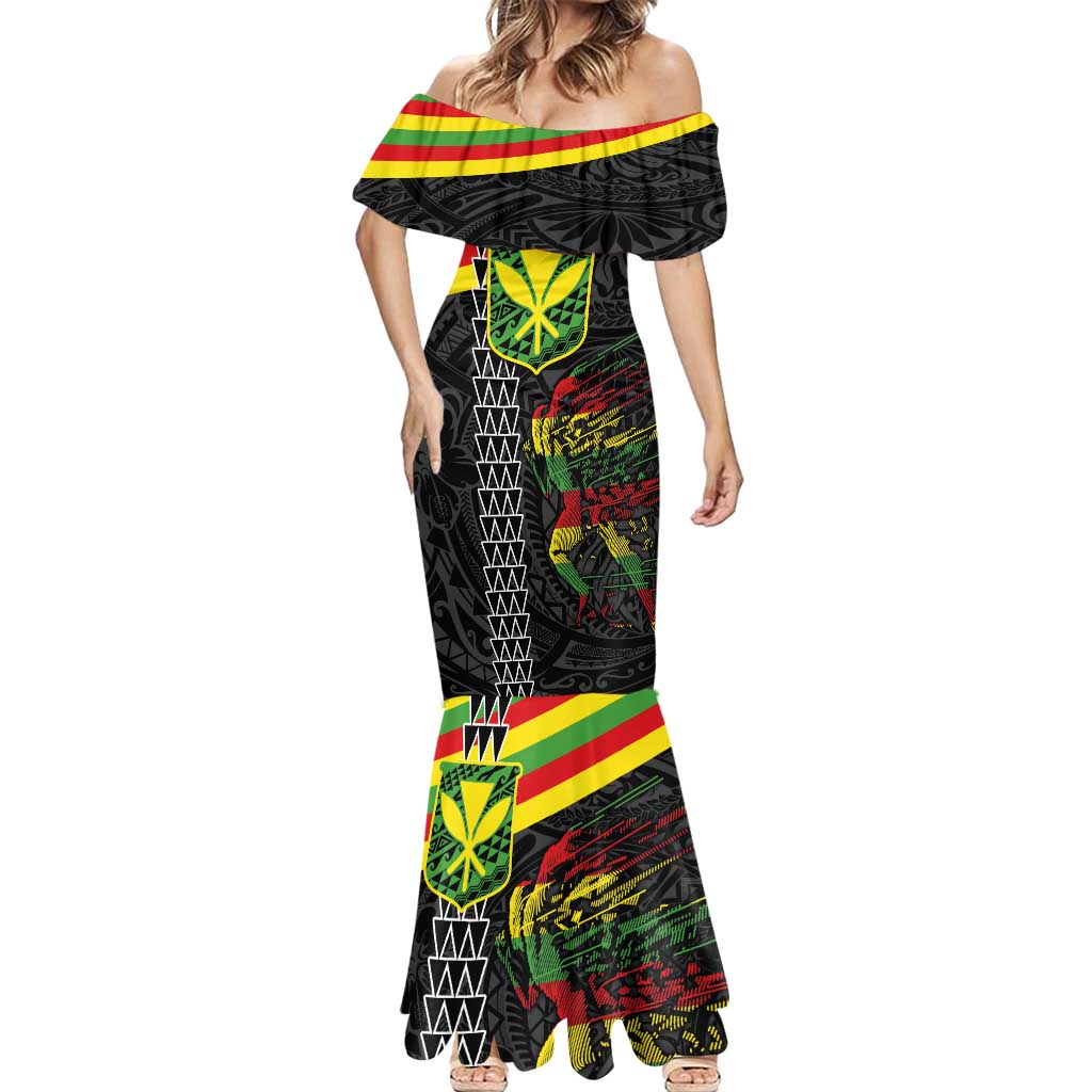 Kanaka Maoli Running Mermaid Dress Kakau Pattern with Kanaka Maoli Flag Color LT03 - Polynesian Pride