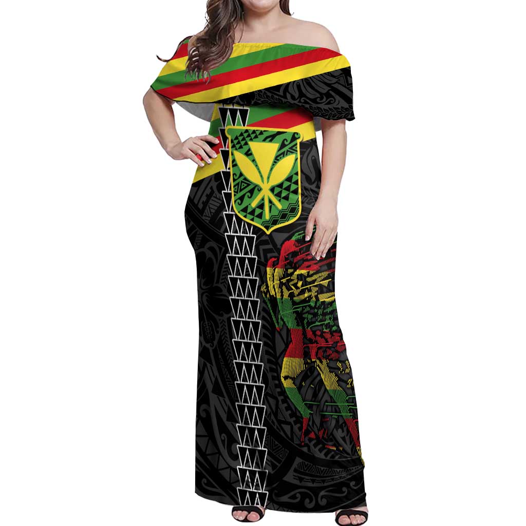 Kanaka Maoli Running Off Shoulder Maxi Dress Kakau Pattern with Kanaka Maoli Flag Color LT03 Women Black - Polynesian Pride