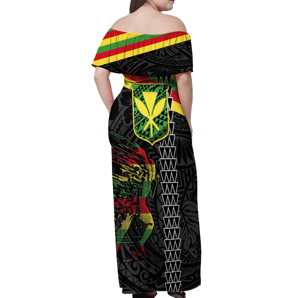 Kanaka Maoli Running Off Shoulder Maxi Dress Kakau Pattern with Kanaka Maoli Flag Color LT03 - Polynesian Pride