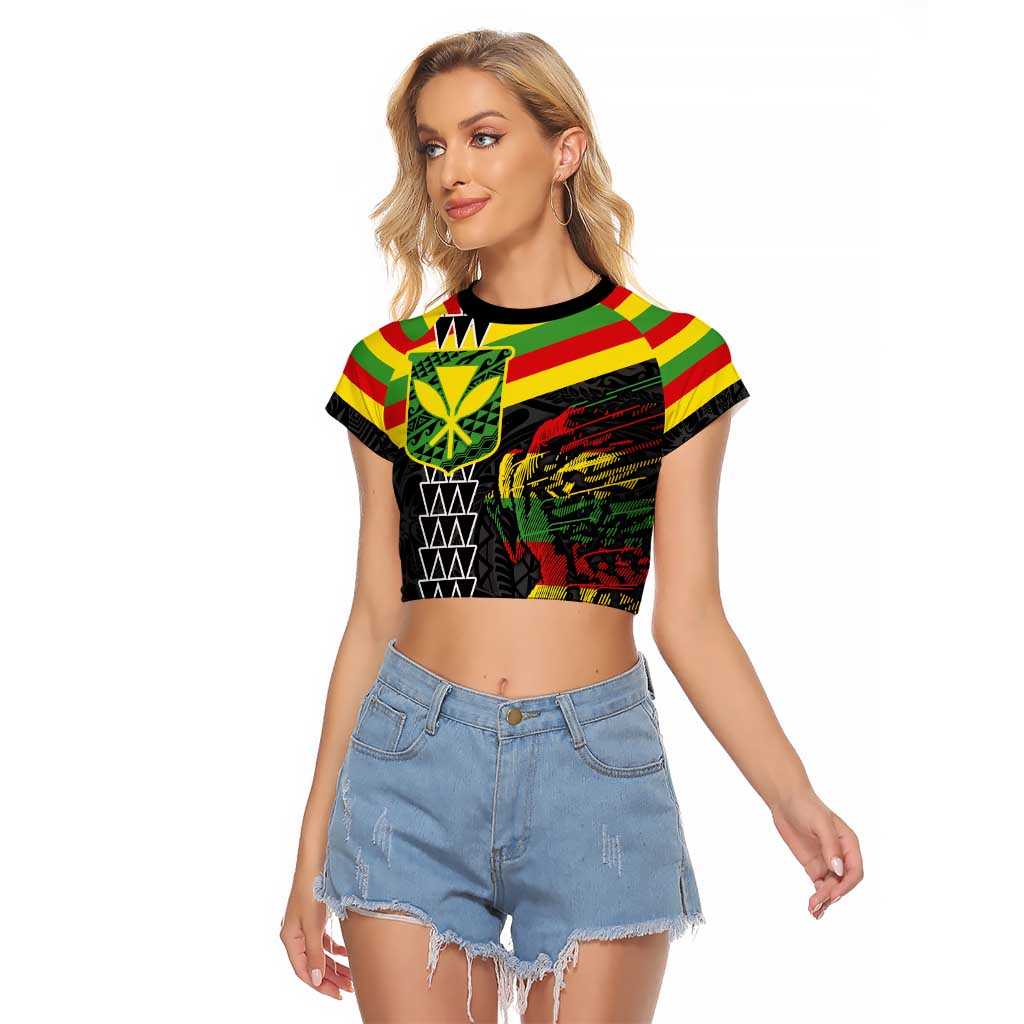 Kanaka Maoli Running Raglan Cropped T Shirt Kakau Pattern with Kanaka Maoli Flag Color LT03 Female Black - Polynesian Pride