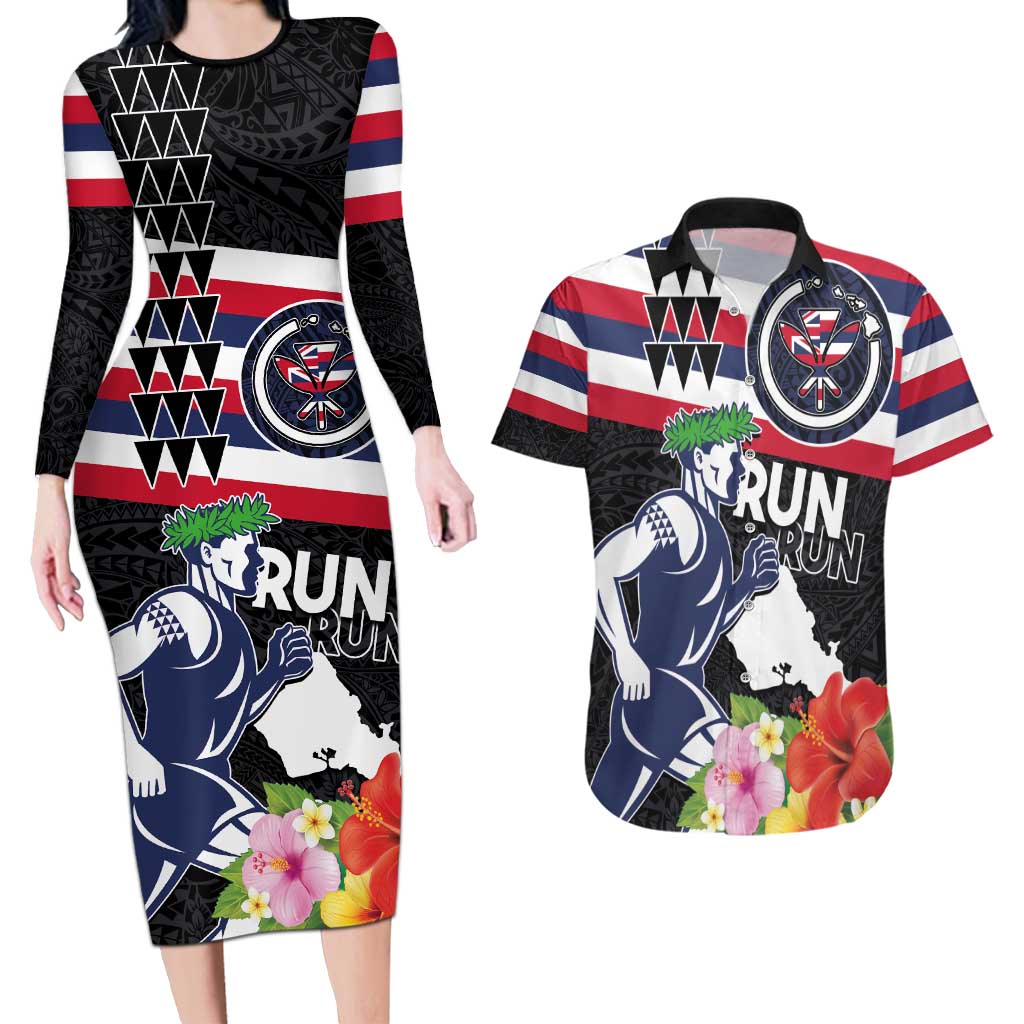 Honolulu Running Race Couples Matching Long Sleeve Bodycon Dress and Hawaiian Shirt Hawaii Marathon Kakau Art with Hibiscus and National Flag Style LT03 Blue and White - Polynesian Pride
