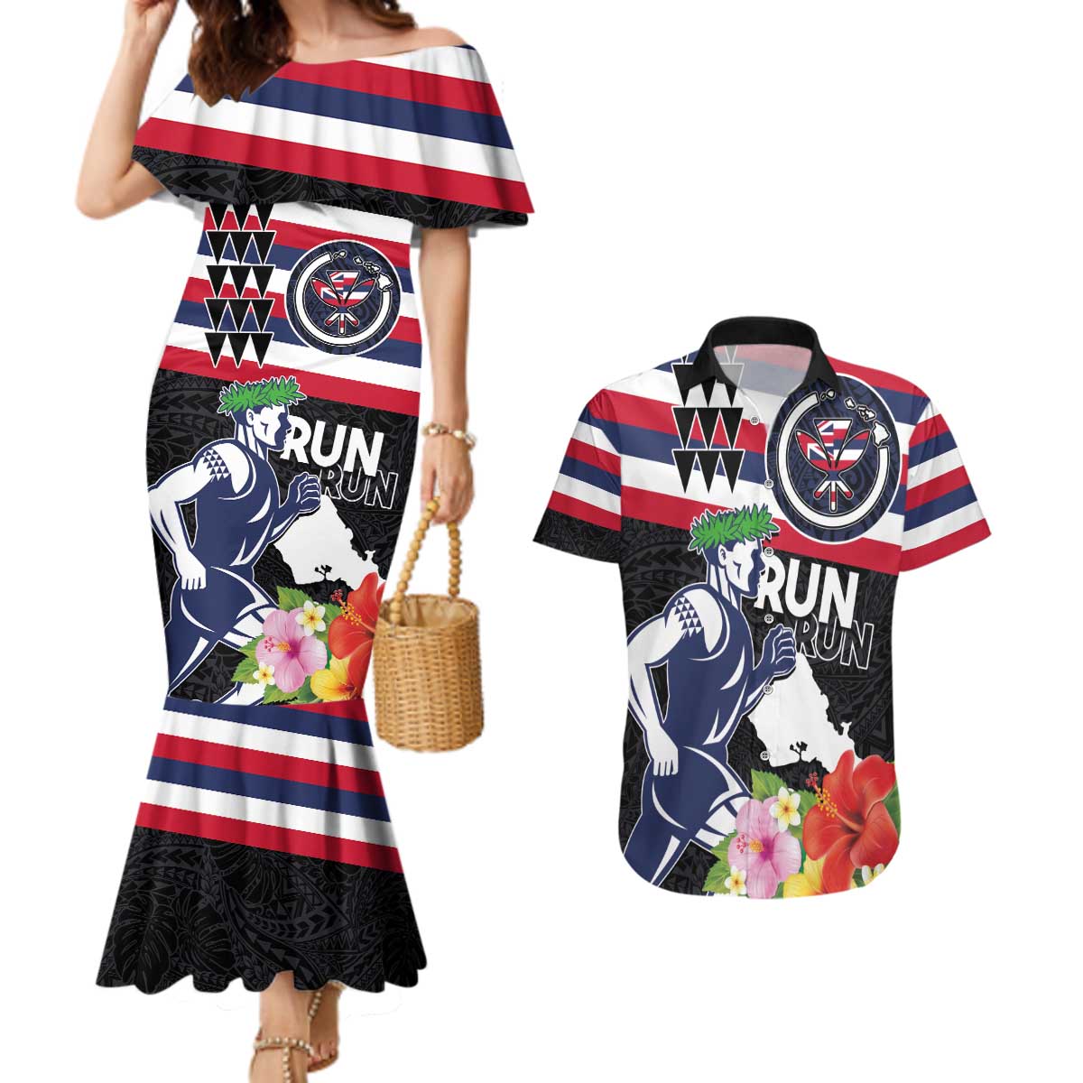 Honolulu Running Race Couples Matching Mermaid Dress and Hawaiian Shirt Hawaii Marathon Kakau Art with Hibiscus and National Flag Style LT03 Blue and White - Polynesian Pride